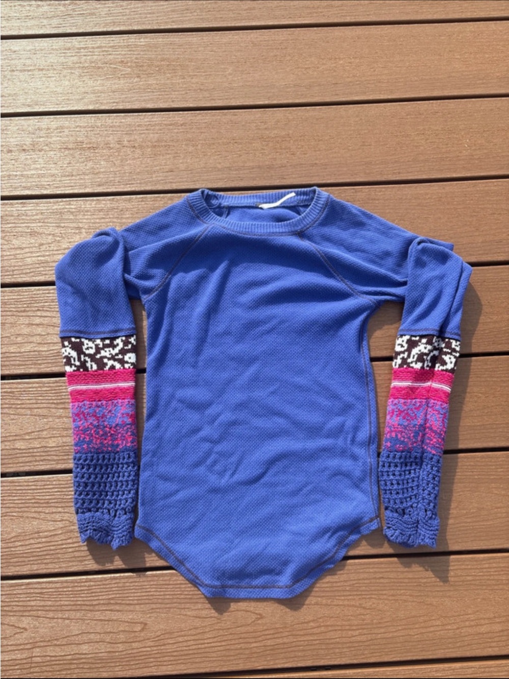 Free People Blue Crewneck Sweater with Multicolor Patterned Sleeves